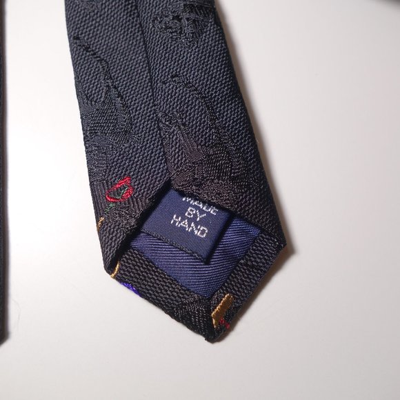 Vtg Ralph Lauren Embroidered Black On Black Equestrian Polo Player Tie Made Hand - Picture 8 of 11